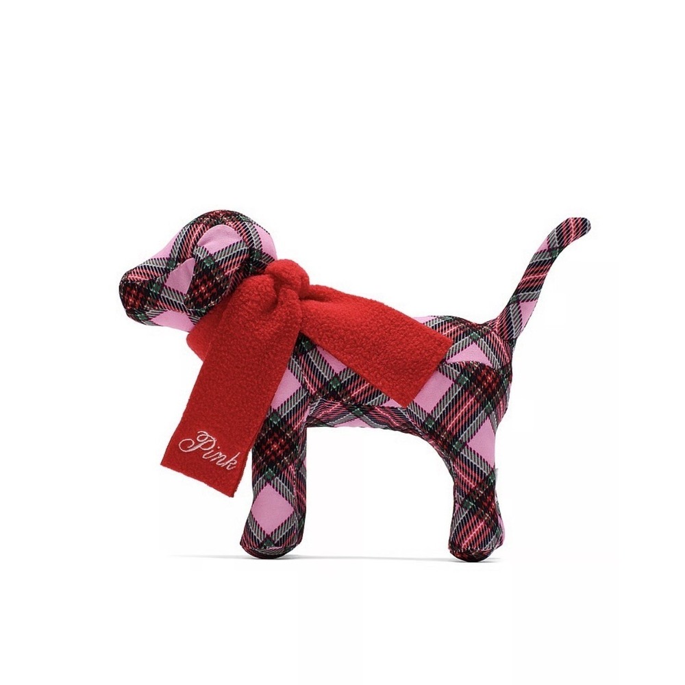 Victoria's Secret PINK Plaid Dog Figurine Red Scarf Plush 7in ART 271998